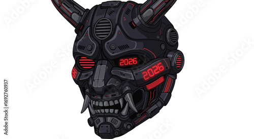 Futuristic black cyberpunk Oni mask with glowing red accents robot demon samurai tech digital future japan