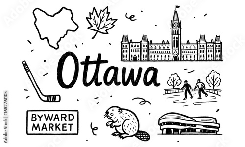 Ottawa landmarks and symbols doodle with parliament and beaver