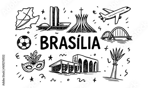 Hand drawn brasília landmarks and symbols with doodle style
