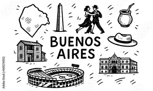 Buenos aires icons: tango, architecture, and culture in hand drawn style