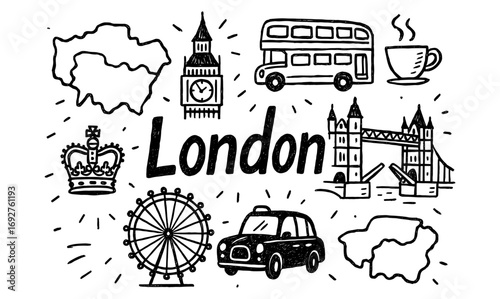 Hand drawn london icons featuring big ben, double decker, crown, and tower bridge