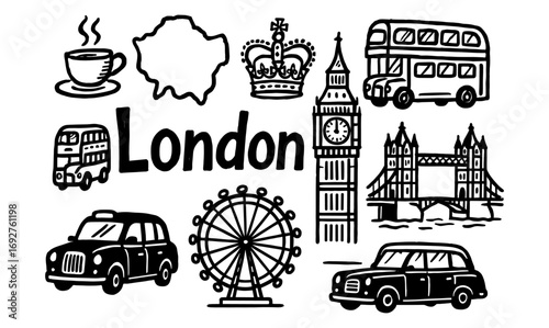 Iconic london sketch: cup, crown, big ben, double decker, taxi, eye, bridge