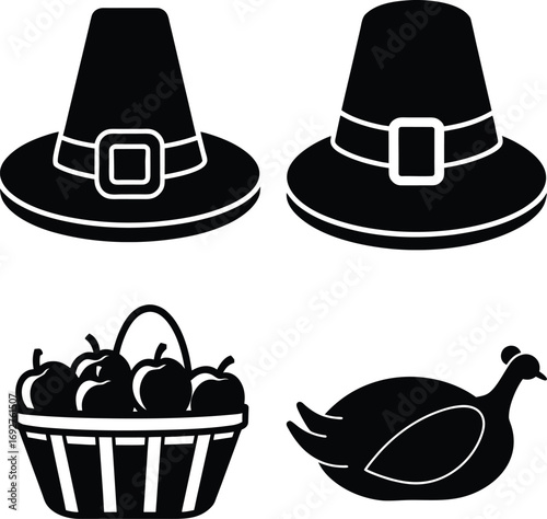 Illustration of pilgrim hats, a baked potato, and a turkey isolated on white background, ideal for thanksgiving themes and designs