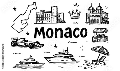 Hand drawn monaco landmarks and icons with racing car and yacht