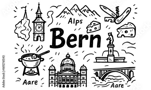 Bern doodle with swiss icons and landmarks in a hand-drawn style