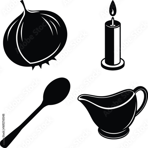 Illustration of an onion, a candle, a spoon, and a gravy boat isolated on white background, perfect for thanksgiving themes