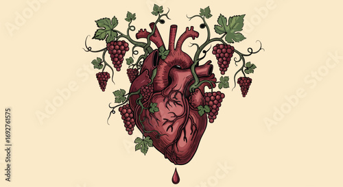 Human heart entwined by grapevines vintage illustration Anatomy Wine Love Passion Nature Organic Health Symbolism