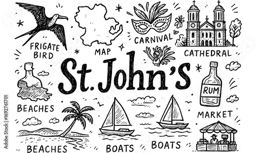 St. john's doodle art: caribbean culture and landmarks in black and white