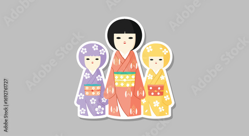 Cute Japanese Kokeshi dolls family illustration with cherry blossoms Traditional vector culture art kimono Asian folk children mother kawaii