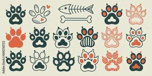 Charming hand‑drawn doodle set of fluffy kitten paw icons with claws and fingertips — vector illustration clip art for pets and animals