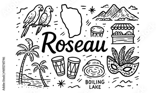 Roseau sketch icons: tropical scenery, culture, and wildlife elements