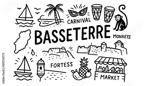 Basseterre travel doodles: carnival, fortress, market, and more
