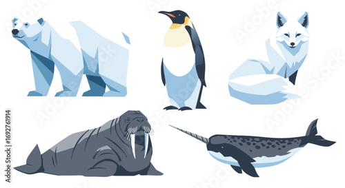 Stylized polygonal arctic antarctic animals collection isolated white background Wildlife Vector Illustration Design Flat Minimalist