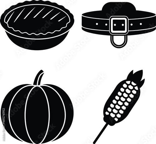 Isolated on white background, a pie, dog collar, pumpkin, and corn are depicted in a black and white silhouette illustration