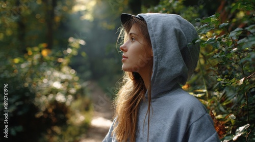 Young woman enjoys a serene moment in a sunlit forest during an autumn afternoon