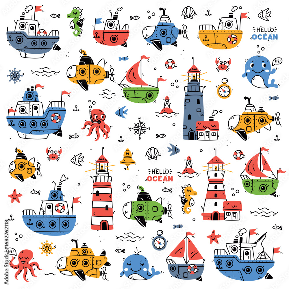 Naklejka premium Cute Marine and Nautical Theme Clipart and Element Vector Set