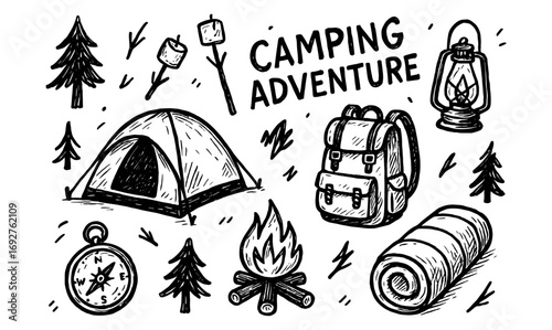 Camping adventure in hand-drawn style with tent, campfire, and backpack elements