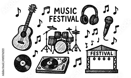 Hand drawn music elements featuring instruments, headphones, and festival vibes