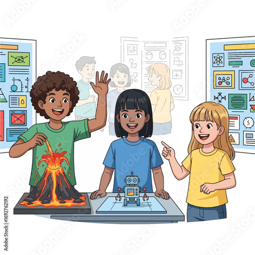 Children experimenting with science projects like a volcano and a robot, showcasing education and learning