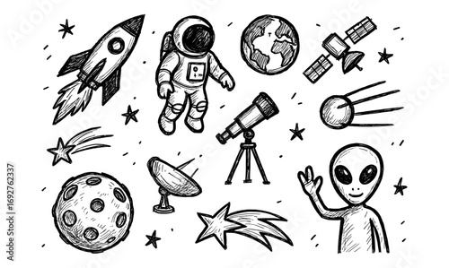 Hand-drawn space set with rocket, astronaut, alien, and telescope in retro style