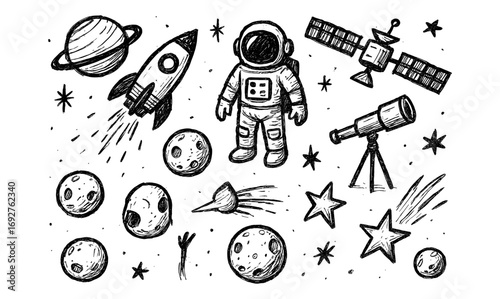 Hand drawn space exploration with astronaut, rocket, telescope, and planets