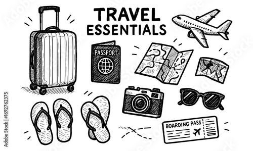 Hand-drawn travel essentials: luggage, passport, camera, map, and more