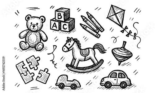 Hand-drawn children's toys with vintage charm and playful designs