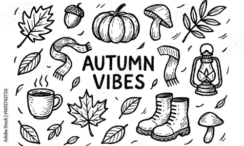 Cozy autumn doodle set with leaves, pumpkin, and cozy items in sketch style