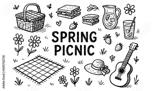 Charming spring picnic doodle with food, flowers, and guitar elements