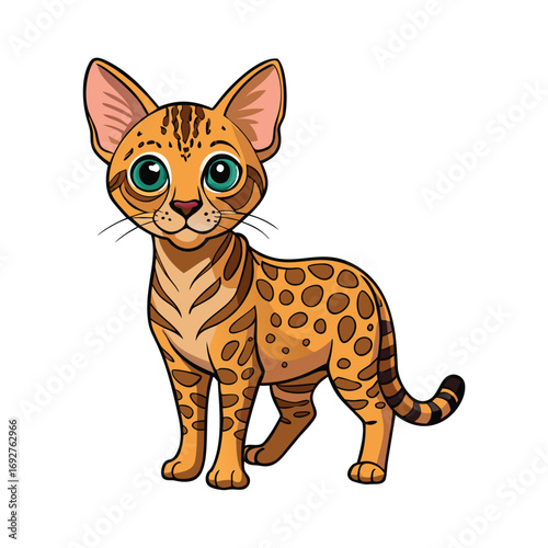 Cute cartoon Bengal cat stands in profile view