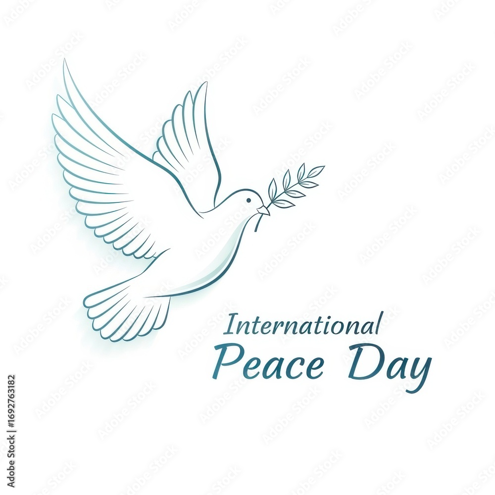 Fototapeta premium A white dove carrying an olive branch with international peace day text below it