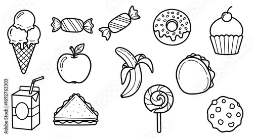 A collection of hand-drawn food icons featuring sweets, fruits, and snacks. Doodle illustration set in a black and white line art style