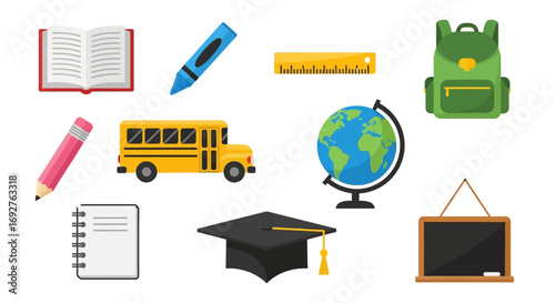 Set of isolated school and education icons including book, bus, globe, and supplies. Flat design vector illustration concept