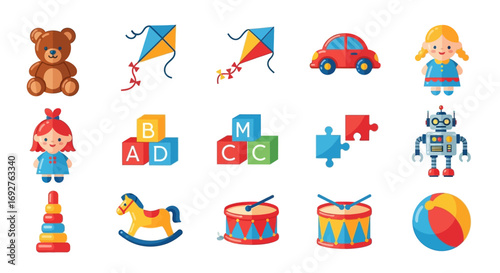 Vector illustration set of various classic children's toys. A colorful collection of flat design icons including a teddy bear, doll, and robot for playtime