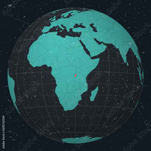 Republic of Burundi on Globe. Vintage look with grunge scratched texture. Country view on world map in Dark Charcoal Turquoise color palette. Burundi shape on map. Globe with meridians and parallels.