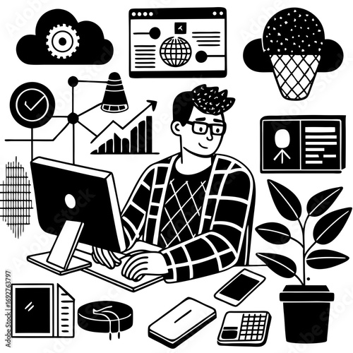 A cartoon doodle of business icons including a laptop, money, and office desk for internet work illustration