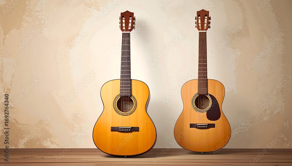 Fototapeta premium Two acoustic guitars against a textured wall