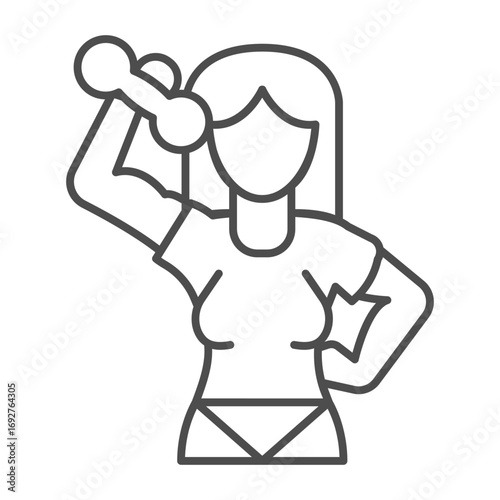 Athlete woman lifting small dumbbell thin line icon, body building concept. Vector graphics. Girl with arm muscles, training sign on white background, outline style icon for mobile or web design.