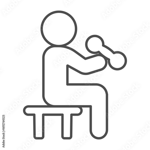 Man with small dumbbell and chair thin line icon, body building concept. Vector graphics. Athlete man on bench, training sign on white background, outline style icon for mobile or web design.