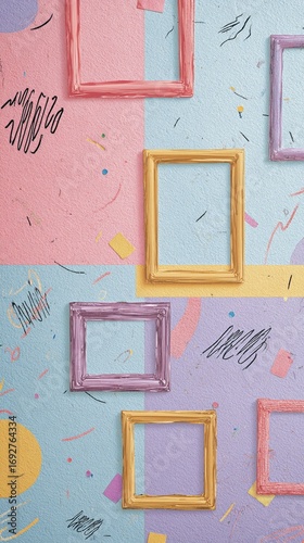 Vibrant and colorful abstract wall with empty frames in various sizes, showcasing a playful and artistic background perfect for creative projects or modern aesthetics.