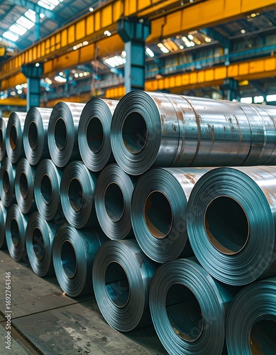 Steel coils stacked in a warehouse