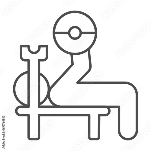 Man on barbell bench thin line icon, body building concept. Vector graphics. Athlete man at barbell exercise, sport training sign on white background, outline style icon for mobile or web design.