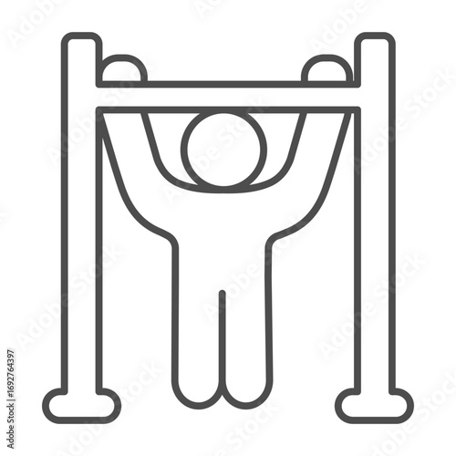 Man at horizontal bar thin line icon, body building concept. Vector graphics. Athlete man pull up exercise for arms, training sign on white background, outline style icon of mobile or web design.