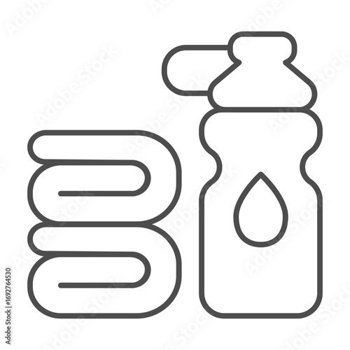 Water bottle and clean towel thin line icon, athlete diet food concept. Vector graphics. Bottle and fresh towels pair sign on white background, outline style icon for mobile or web design.