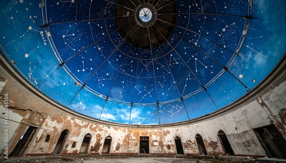 Obraz premium Old observatory with a starry dome and peeling walls in a forgotten location
