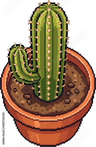 Pixelated illustration of a potted cactus, featuring two green plants with spines.