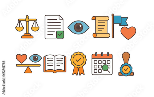 Law and justice flat icon set. court, legal symbols, scales, contract in flat style