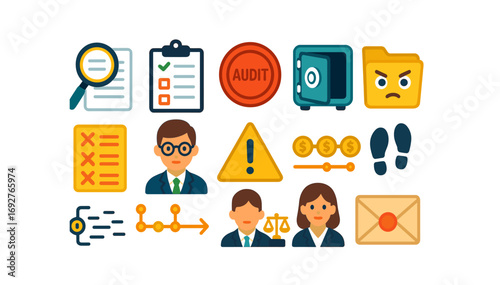 Finance audit flat icon set. analysis, compliance icons flat collection