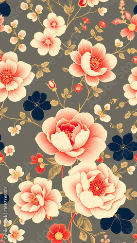 Vintage plant pattern in Japanese style. Image of roses on a dark background