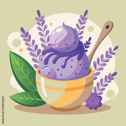 Purple ice cream sundae with lavender garnish